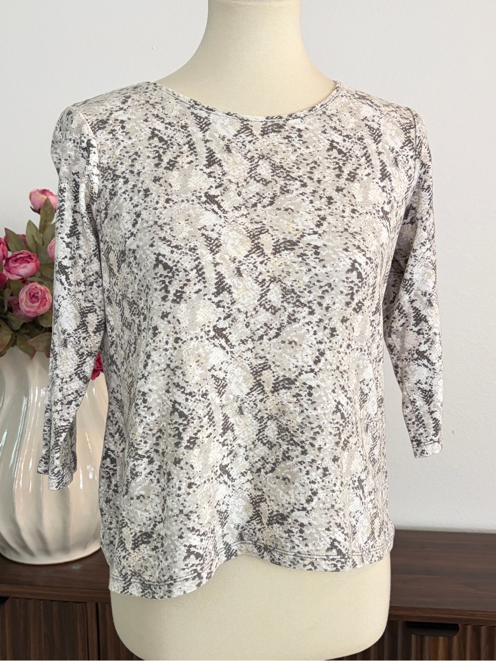 Charter Club Neutral Snake-Print Long Sleeve Top in Cream and Gray